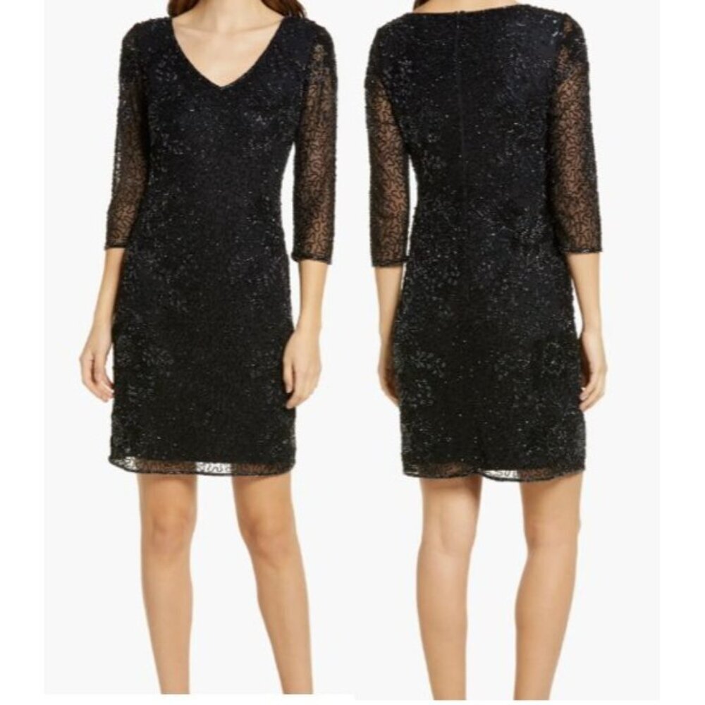 Pisarro Nights V Neck Cocktail Dress Beaded Mesh Sz 6 READ Formal 3/4 Sleeve